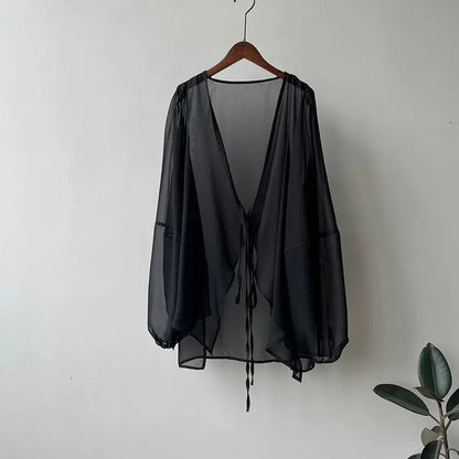 Shirts Women V-neck Loose Long Sleeve Open Stitch Korean Style Lace-up Simple Solid Summer Chiffon Breathable Minimalist Stylish