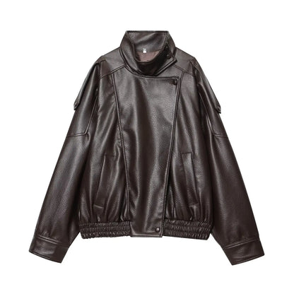 TFMLN 2025 Women Faux Leather Loose Jacket High Street Stand Collar Long Sleeve Coat Fashion Causal Zipper Outwear Autumn Winter