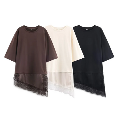 2025 Winter New Product Women's Slim Straight Round Neck Short Sleeve Asymmetric Hemp Splicing Lace T-shirt