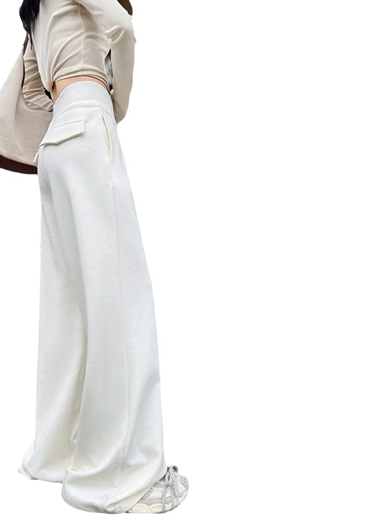 Women's gray sports high waist hanging loose slimming straight leg wide leg pants American sweatpants.
