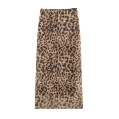 Women Leopard Tulle Midi Skirt Summer Fashion High Waist Elasticated Waistband Long Skirts Streetwear