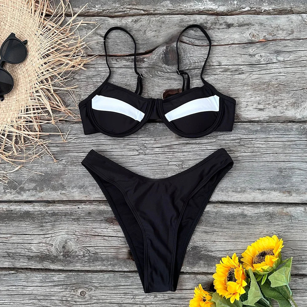 2025 Solid Thong Brazilian Bikinis Swimwear Women Swimsuit  Black White Bikini Set Bathing Suit Female Summer Beach Wear Biquini