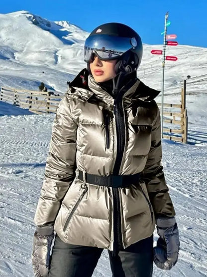 2025 Women Winter Hooded Down Jackets With Belt Lady Warm Thick Long Sleeve Stand Collar Parkas Padded Coats Sports Ski Outdoor