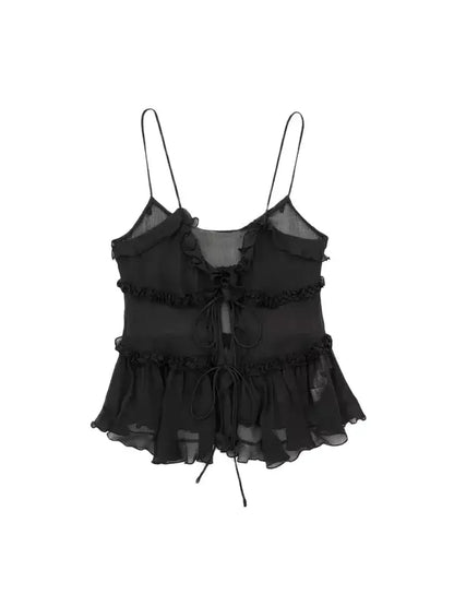 Women Fashion With Ruffled Front Tied Semi-sheer Tank Tops Sexy Backless Thin Straps Female Camis Mujer