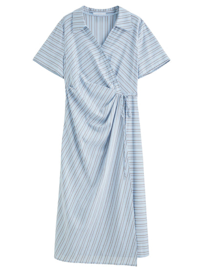 DUSHU 2025 Summer Women's Surplice Shirt Dress - Button-Down Collar & Midi Length for Office to Casual Wear 25DS82142