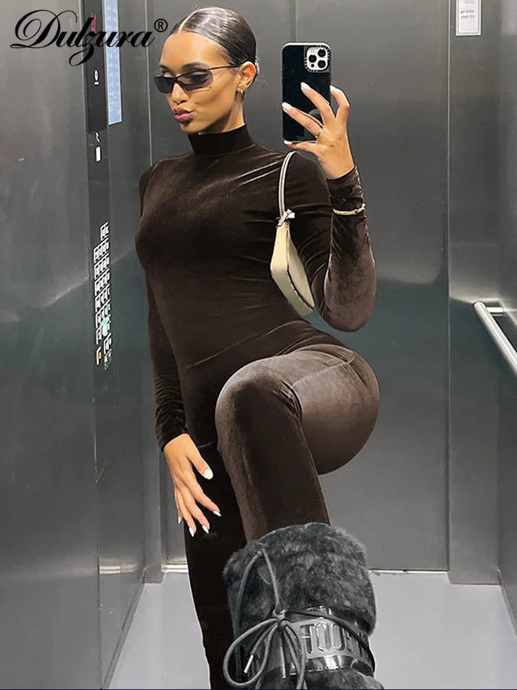 Dulzura Autumn Velvet Sexy Y2K Clothes Long Sleeve O-Neck Bodycon Skinny Zipper Jumpsuit Women Sporty Streetwear Romper Outfits