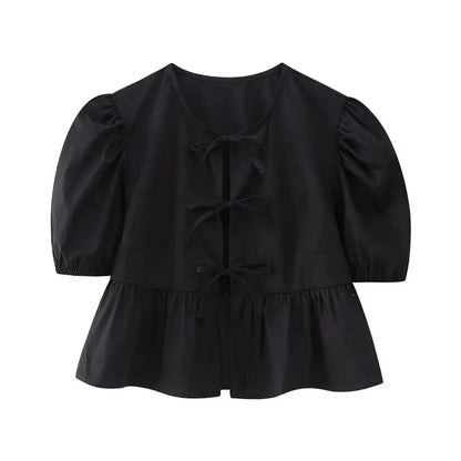 HH Fashion Solid Hollow Out Shirt Women Causal O Neck Short Sleeved Lace Up Tops Chic Female Casual Blouse Streetwear 2024