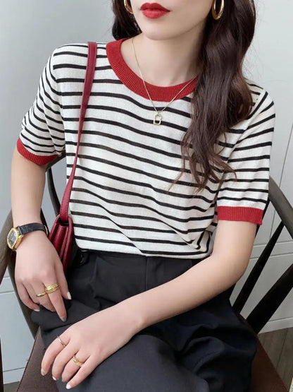 2026 Stripe Tops Women Knitted Round Collar Summer Print Short Sleeve Casual Simple Wild T-Shirt