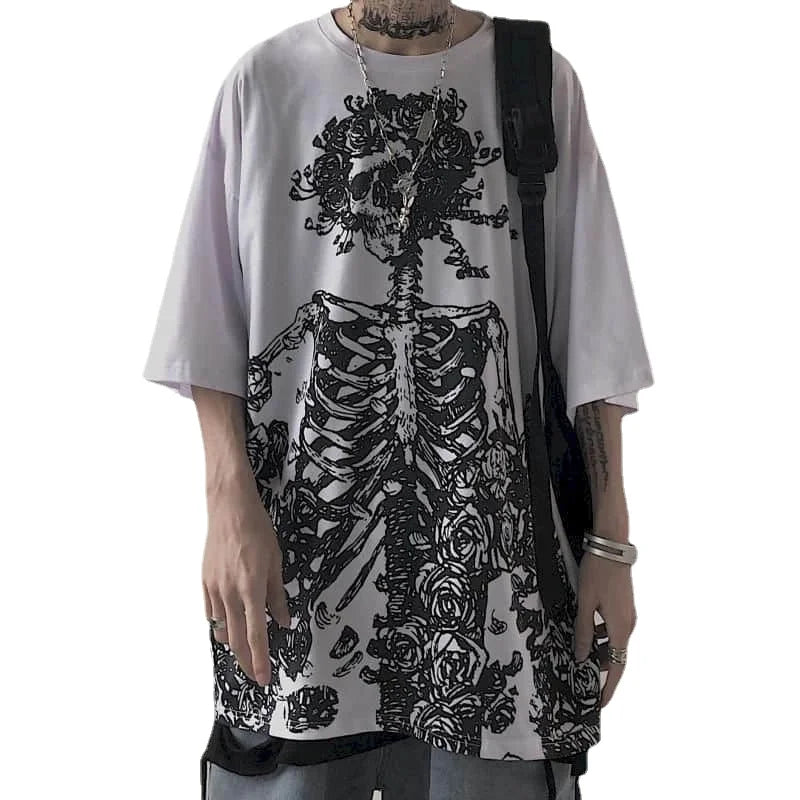 Men T-shirts 2026 Summer Streetwear High Street Gothic Skull Tshirt Loose Oversized Short-sleeved T shirt Dark Anime Men Y2k Top