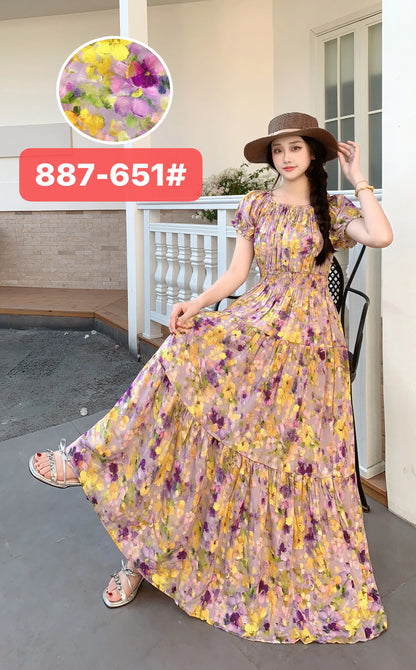 Long Maxi Dress Women Clothing Spring Summer Bohemian Holiday Beach Korean Style Floral Vintage Slim Vestidos Robe Dresses Boho