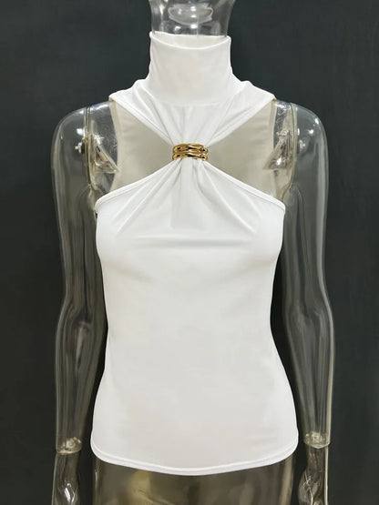 Mozision Turtleneck Basic Knit Tank Tops Women Vest Pullovers Metal Ring Camisole Sleeveless Skinny Knitted Tops Y2K Cropped Top