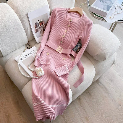 2024 New Autumn Winter Women Knitted Dress Brand Fashion O-neck Buttons Bodycon Sweater Dress with Belt Lady Office Dress