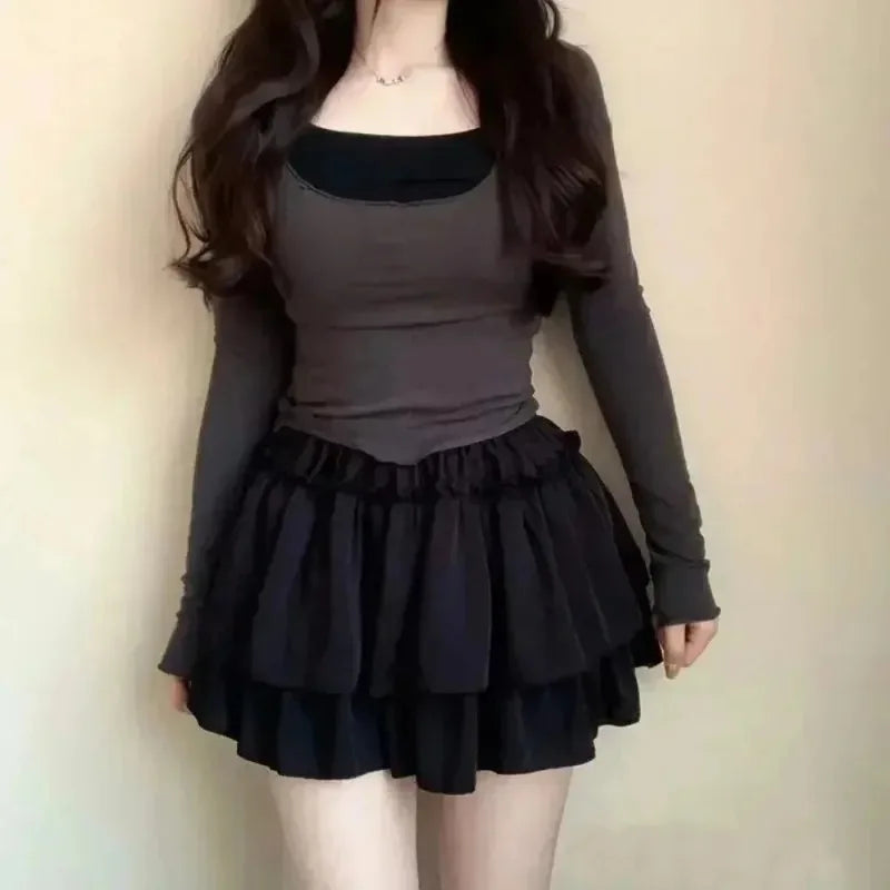 Summer Kawaii Mini A-line Skirt Adorable Flirty High Waist Ruffle Patchwork Lolita Ball Gown Y2K Korean Sweet Women's Clothing