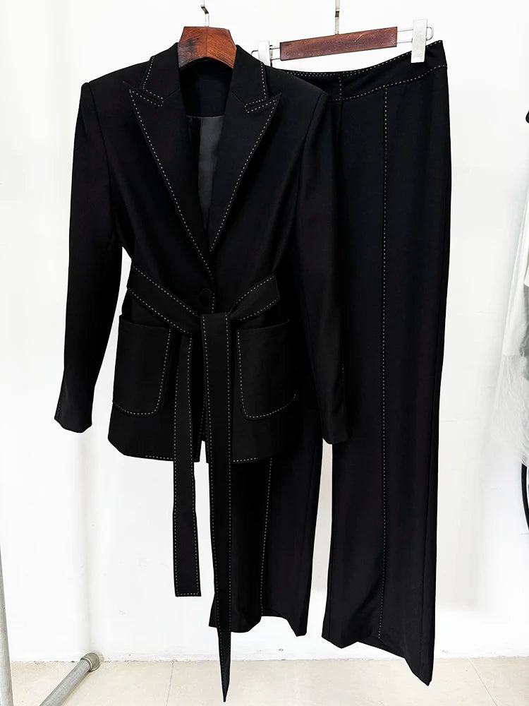 HIGH STREET Newest Fashion 2026 Designer Suit Set Women's Contrast Stitching Belted Blazer Pants Suit 2pcs