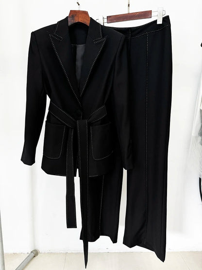 HIGH STREET Newest Fashion 2026 Designer Suit Set Women's Contrast Stitching Belted Blazer Pants Suit 2pcs