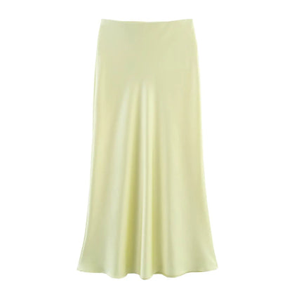 KONDALA Vintage Satin Solid Long Skirts Women High Waist Elastic Silky Skirts Fashion 2025 Spring Elegant Straight Skirts
