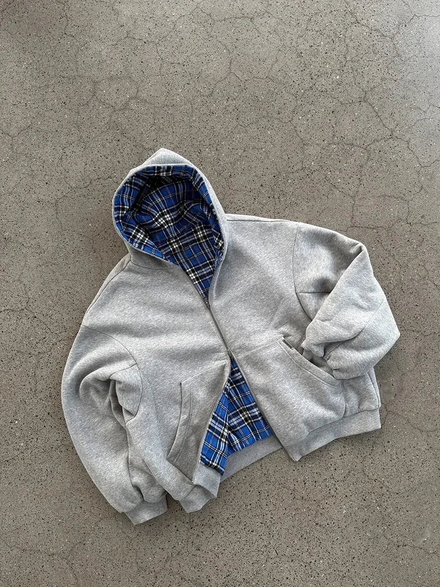 American Double-Sided Plaid Loose Zipper Hoodie Men Y2K New Harajuku Hip-Hop Gothic Couple Casual Joker Sweatshirt Street Wear