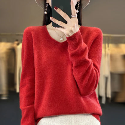 100% pure wool cashmere sweater women's V-neck pullover casual knit top autumn and winter women's coat Korean fashion