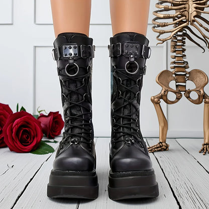 Brand New Ladies Goth Platform Boots Fashion Rivet Buckle Punk Wedges High Heels women's Boots Party Street Cosplay Woman Shoes