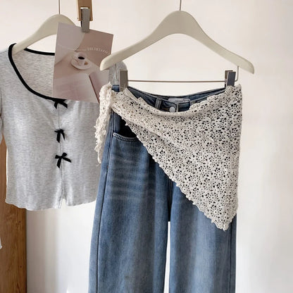 Solid Harajuku White Beige Mesh Lace Skirt Y2k Korean Girl Stacked Skirt Chic Apron Wrap Skirt Lace Up Matching Pants Streetwear
