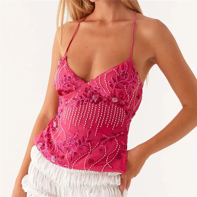 hirigin Sequin Halter Crop Tops for Women Y2k Pearl Embellished Cami Tops Summer Glitter V Neck Rhinestone Camisole Tank Shirt