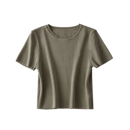Women Fashion Striped Basic Cropped Knit Sweater Vintage O Neck Short Sleeve Female Pullovers Chic Tops
