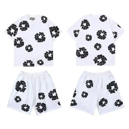 DENIM TEARS Summer Hot Selling European and American Fashion Hip Hop Printed Short Sleeve Set High Street Loose Sportswear