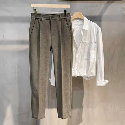 Men's Woolen Casual Pants Autumn Winter Thickened Straight Leg Slim Fit Long Trousers Korean Fashion Nine Points Pants