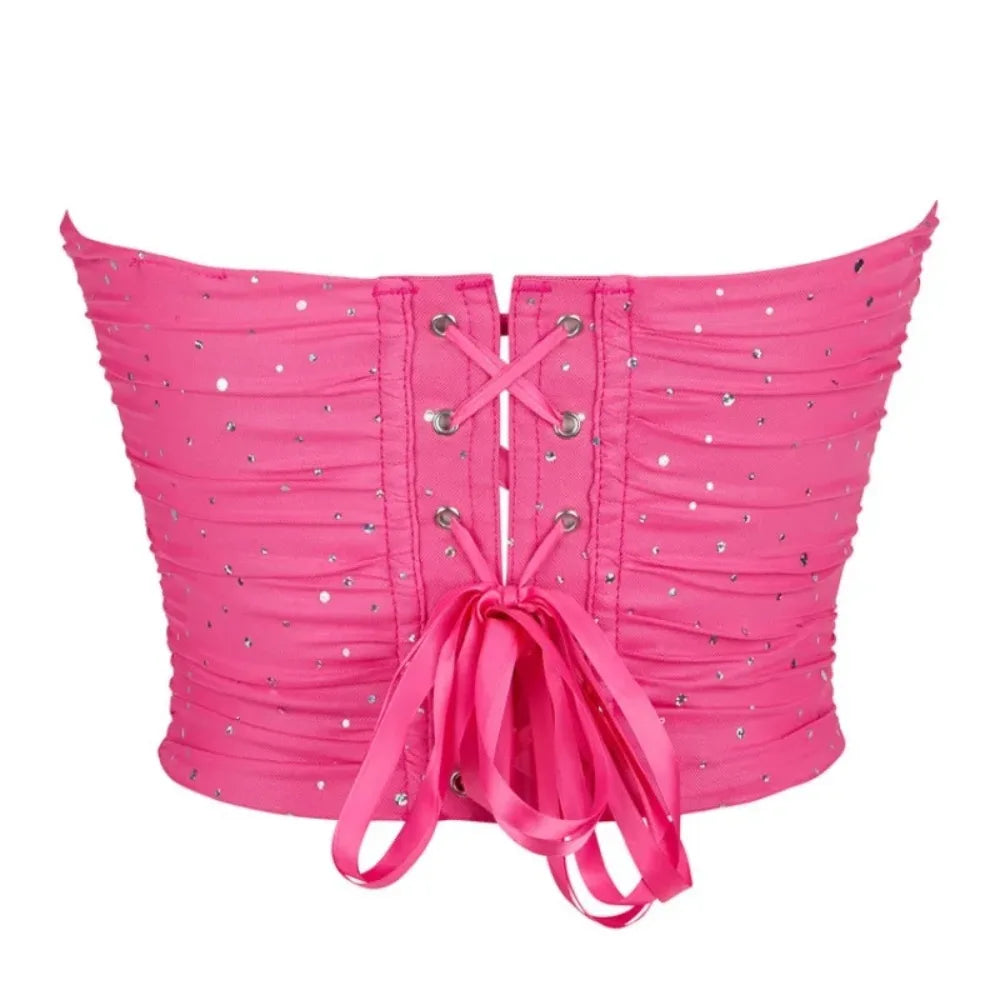 Summer Women Sexy Corset Crop Top Rhinestone Backless Lace Up Bustier Female Club Party Camisole Underwear