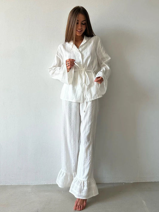 Marthaqiqiq Casual Women Nightgown 2 Piece Suit Long Sleeve Nightwear Turn-Down Collar Sleepwear Pants Loose Home Clothes Ladies