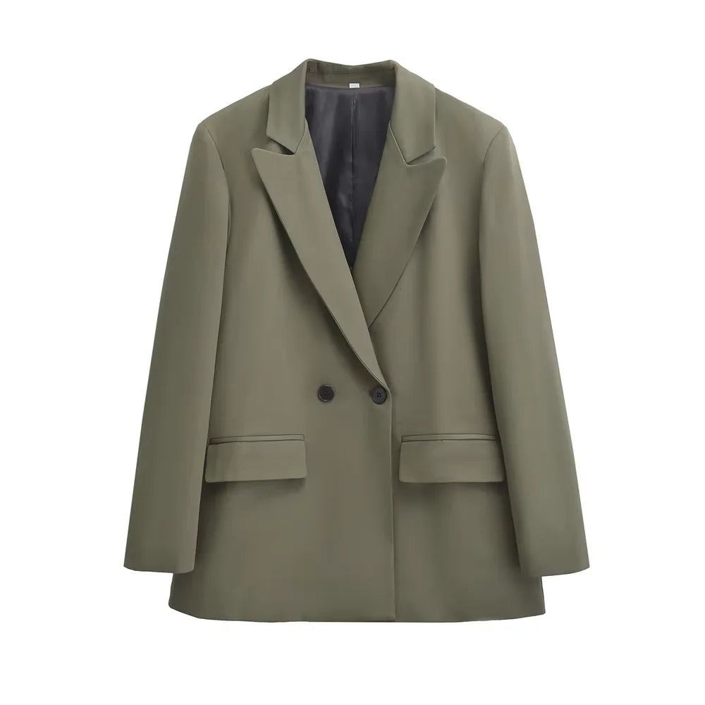 Women's Double Breasted Office Wear Blazer Coat, Long Sleeve, Flap Pockets, Female Outerwear, Chic Tops, Fashion