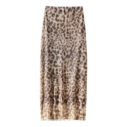 HXAO Leopard Print Tulle Skirt Woman Vintage High Waist Long Skirts For Women Summer Mesh Midi Skirt Elegant Women's Skirts