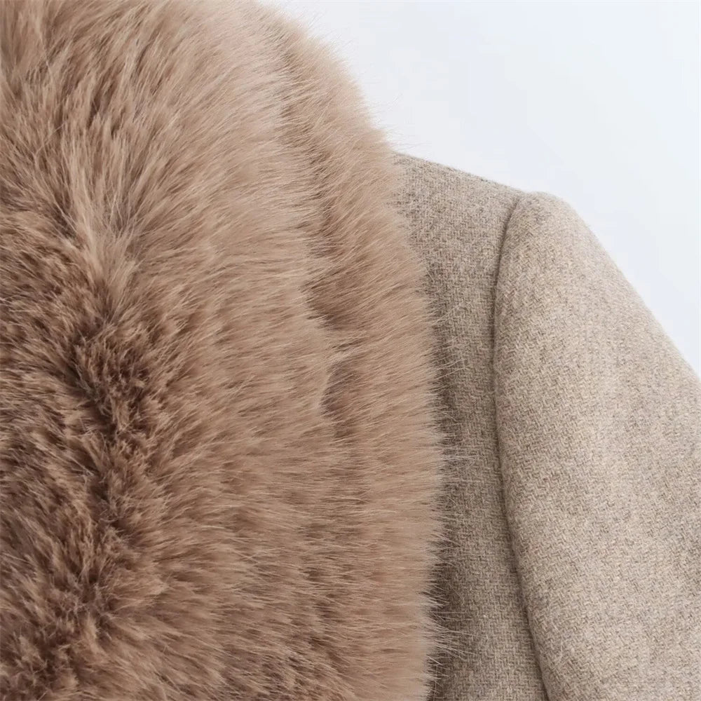 Women's Belt Warm Fur Collar Coat Flip Collar Pocket Button Decoration Autumn/Winter New Women's Wear