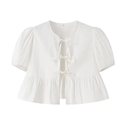 MUJER White Ruffle Crop Top Women Black Short Puff Sleeve Blouse Female Bow Tied Summer Blouses Woman 2025 Ruched Cute Tops