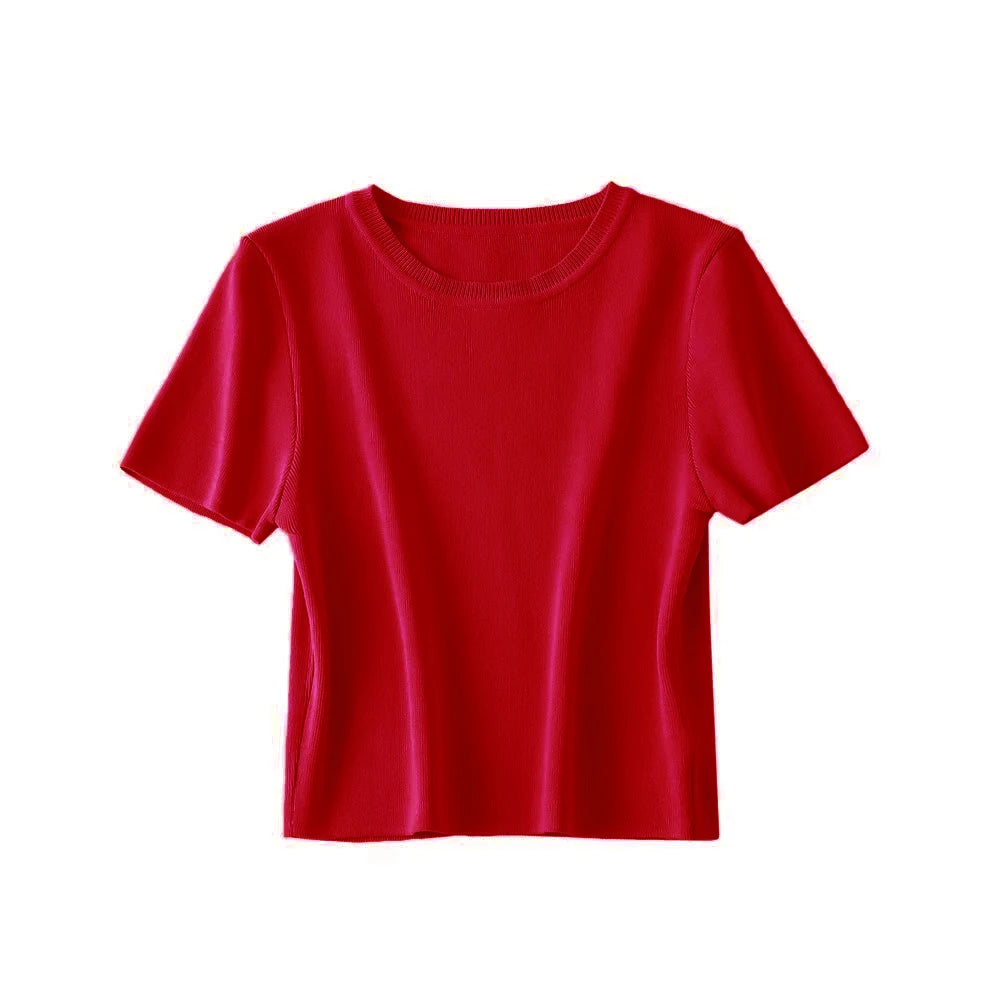 Women Fashion Striped Basic Cropped Knit Sweater Vintage O Neck Short Sleeve Female Pullovers Chic Tops