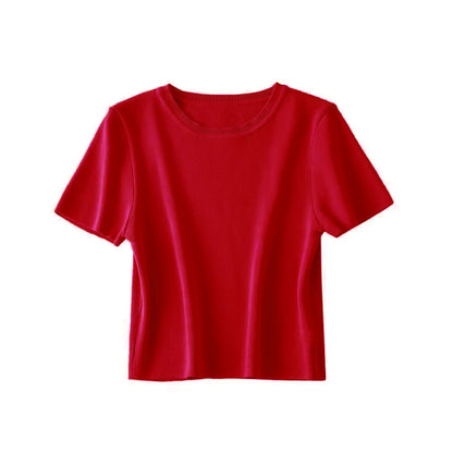Women Fashion Striped Basic Cropped Knit Sweater Vintage O Neck Short Sleeve Female Pullovers Chic Tops