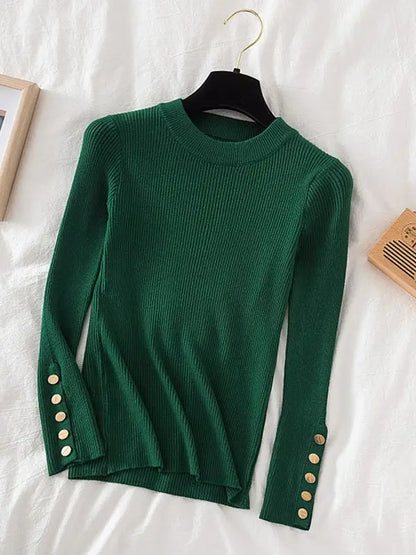 2026 women thick sweater pullovers khaki casual autumn winter button o-neck chic sweater female slim knit top soft jumper tops