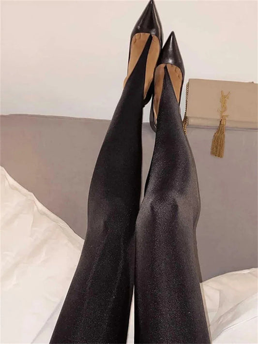 Korean Fashion High-Waisted Black Skinny Y2K Women's Pants Glitter Casual Club Leggings Long 2025