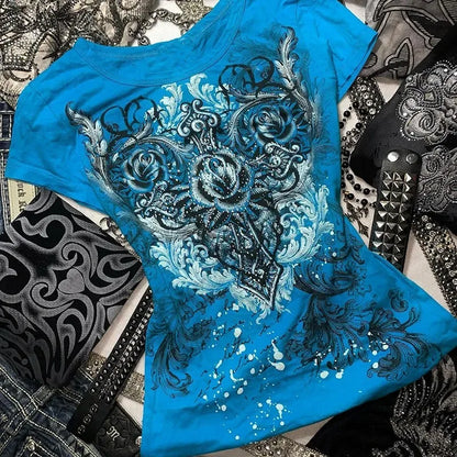 Women's Y2k Grunge T-Shirts 2000s Vinage Rhinestone Print Heart Rose T-Shirt Aesthetics Harajuku Round Neck Tops street fashion