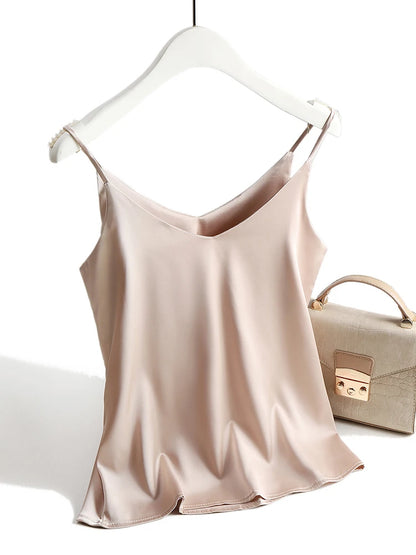 AOSSVIAO 2026 Spaghetti Strap Top Women Halter V Neck Basic White Cami Sleeveless Satin Silk Tank Tops Women'S Summer Camisole