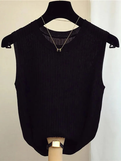 zjais Summer Spring Tanks Top Women Sleeveless Knitted T-Shirts Female Elastic Slim Casual Vests Crop Tops Camis Pullover Shirts