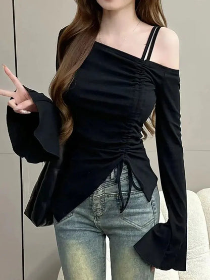 Sweet Sexy Drawstring Ribbon White Off Shoulder Top Women Basic Long Sleeve Body T-Shirt Elegant Flare Sleeve Lady Tees Pulovers