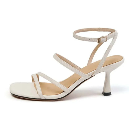 2024 New Ankle Strap Sandals Summer Women Sexy Party Lady Open Toe High Heels Fashion Woman Beige Apricot One Word Buckle Sandal