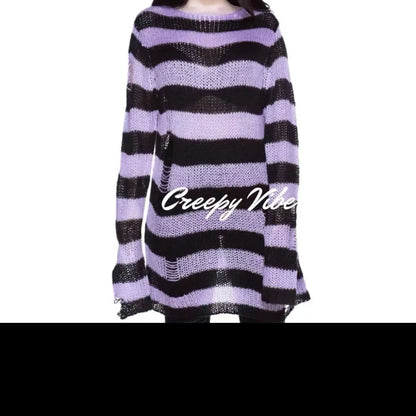 New Punk Gothic Long Unisex Sweater Summer Women Striped Cool Hollow Out Hole Broken Jumper Loose Rock Thin Dark Streetwear Top