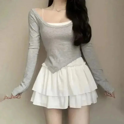 Summer Kawaii Mini A-line Skirt Adorable Flirty High Waist Ruffle Patchwork Lolita Ball Gown Y2K Korean Sweet Women's Clothing