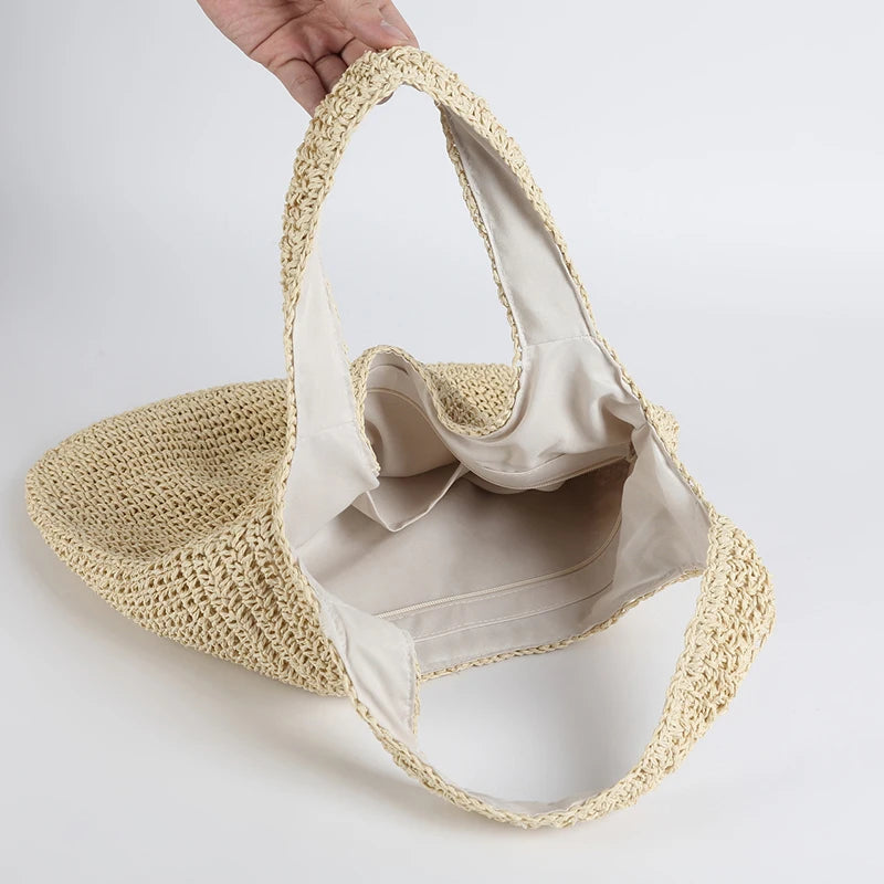 Summer Beach Resort Fashion Straw-Woven Ladies Large-Capacity Shoulder Bag WIth Hand-Woven Beach