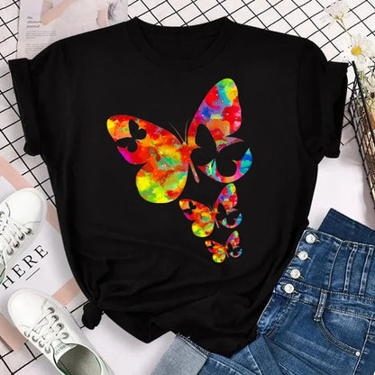 Y2k Women's Colorful Butterfly Petal Print T-Shirt, Short Sleeve, Round Neck, Cute Graphic Tee Shirts, Female Tops Clothes
