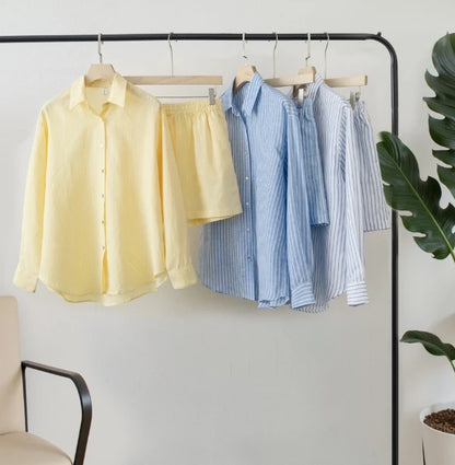 Women 2025 Summer Casual striped Blouse Shorts Sets