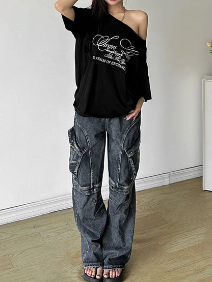 Casual Relax Woman T-shirt Letter 2025 Women Hot New Versatile Street Atmosphere Style Fashionable Chick Summertime Tops