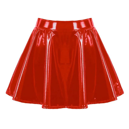 Women Glossy Patent Leather Flared Miniskirt Dance A Line Skirt Clubwear Cosplay Costume Retro Style Elastic Waistband